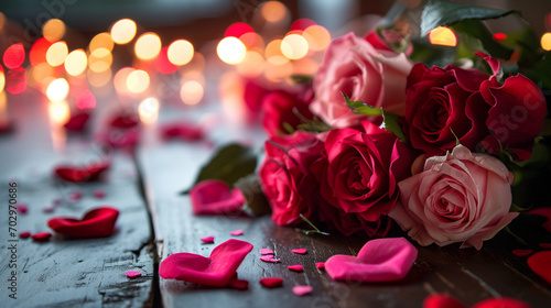 beautiful bouquet of red and pink roses on a wooden background. Love, Valentine's Day, Mother's Day.