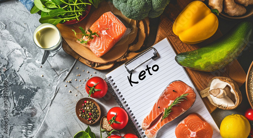 Keto diet set of food ingredients. notebook with the inscription keto photo