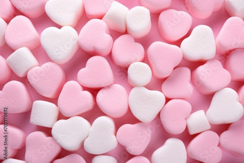 Pink and white heart-shaped marshmallows on pink background, Pink marshmallow for Valentine's Day as a background and texture, AI Generated