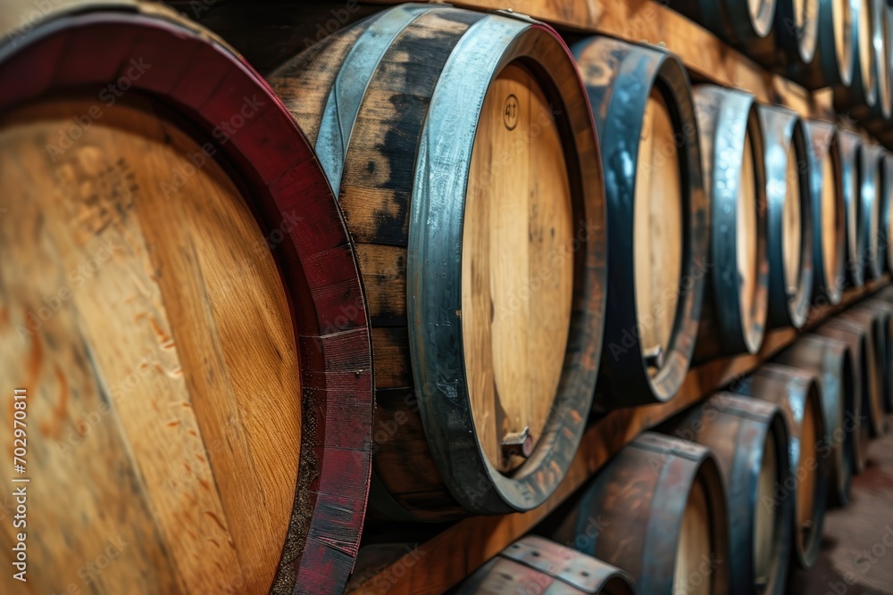 Wooden oak wine barrels stacked in a row