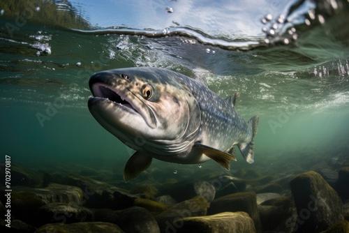 Rainbow trout (Trout) swimming in the water of a lake, Professional underwater shot of a salmon searching for food, AI Generated
