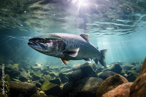 Big salmon swimming in the water of the aquarium with sun rays, Professional underwater shot of a salmon searching for food, AI Generated