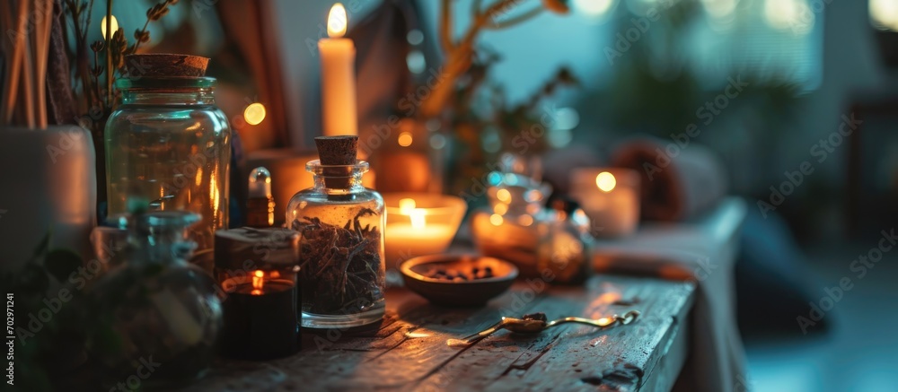 Fire, glass, and hands used in spa for therapy, wellness, and cosmetics. Bulb, jar, and tools for skincare, massage, salon, healing, and physiotherapy.