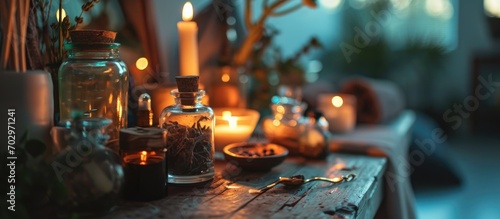 Fire, glass, and hands used in spa for therapy, wellness, and cosmetics. Bulb, jar, and tools for skincare, massage, salon, healing, and physiotherapy.