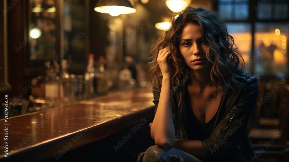 pretty woman in the night sitting drunk in a bar - obrazy, fototapety, plakaty 