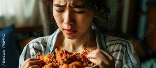 Asian woman experiences stomachache and indigestion due to excessive fried chicken consumption or binge eating disorder. photo