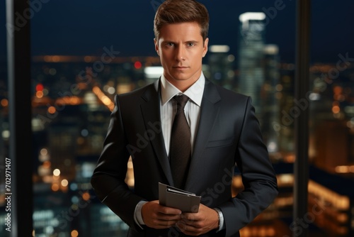 portrait of successful businessman consultant looking at camera and smiling inside modern office building
