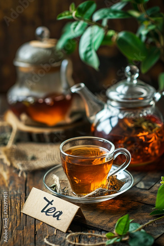 a cup of tea and a teapot with tea on a wooden background.drink.