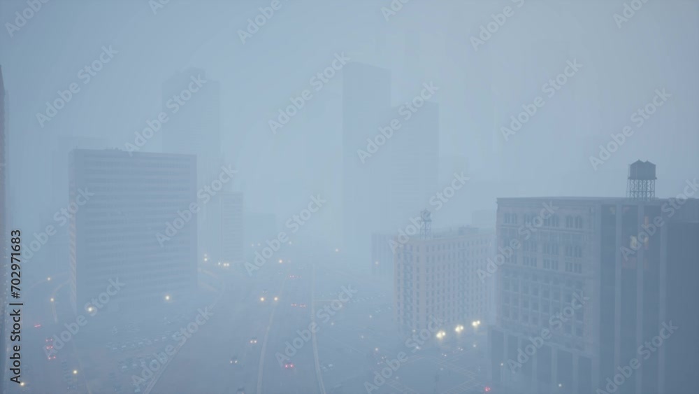 The camera flies through a huge city in a very heavy fog. The camera flies through a huge city in a very heavy fog.