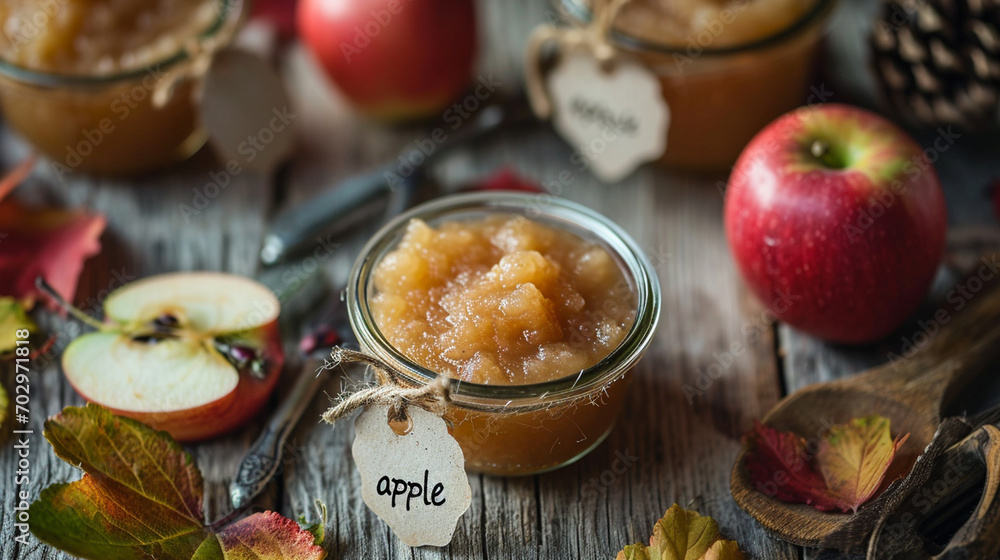 applesauce with apples on a wooden table. food. applesauce with apples on a wooden table. food.