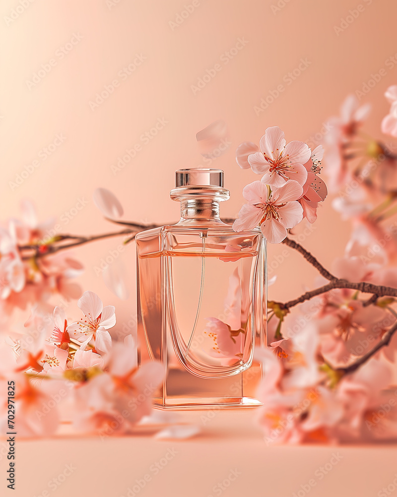 Transparent perfume bottle among cherry blossoms on a peach background.