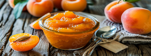 apricot puree from apricot on a wooden table. food