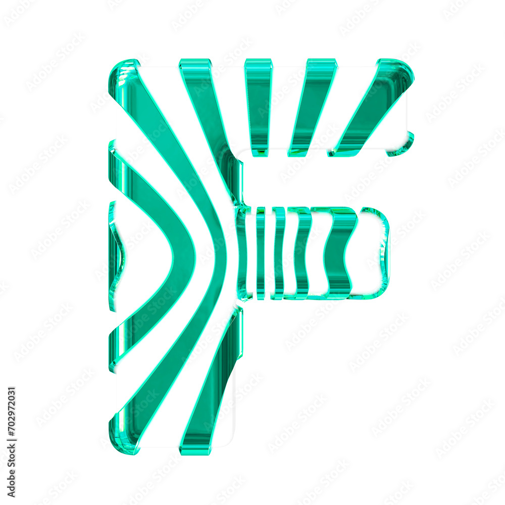 White symbol with turquoise thin vertical straps. letter f White symbol with turquoise thin vertical straps. letter f