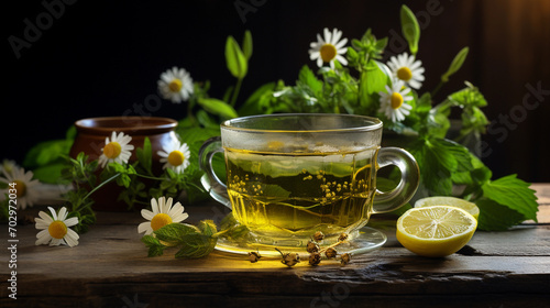 Herbal Tea Essentials with Chamomile and Mint, Invoking Rustic Tranquility