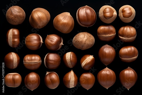 Ripe Husked Chestnuts, Chestnuts Isometric Art on Black Background, Close-Up Flat Lay photo