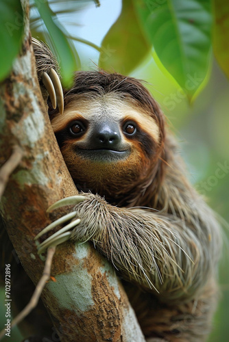 beautiful cute sloth on a branch. © Anna
