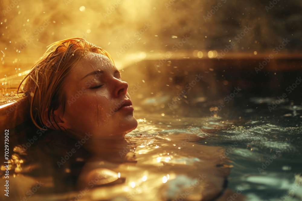 Nordic blonde young woman reclining in a steam-filled sauna - obrazy, fototapety, plakaty 