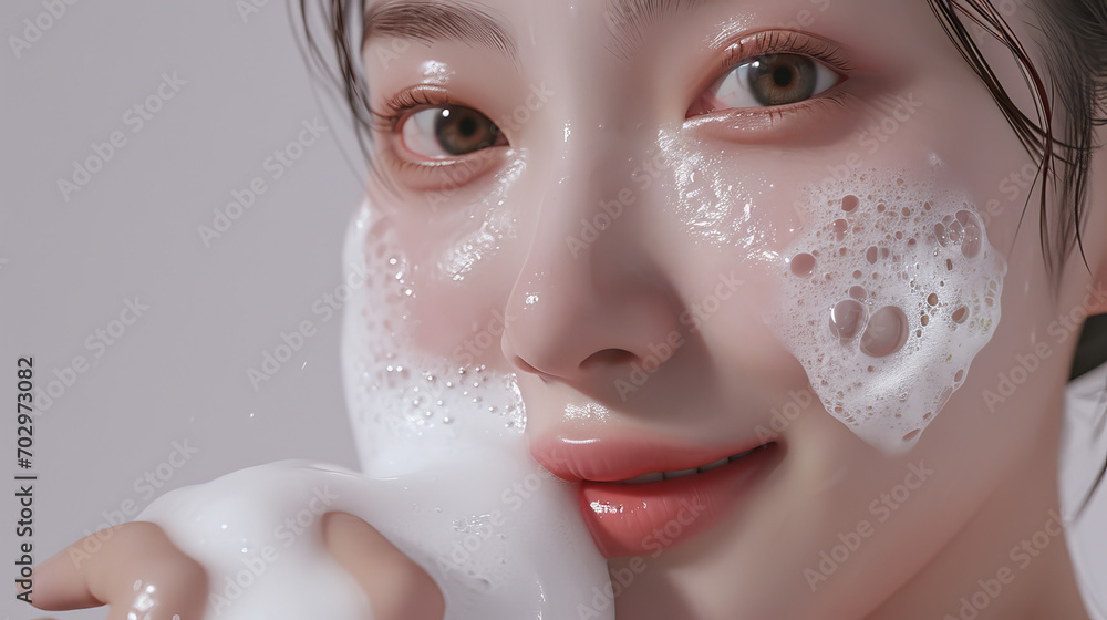 Beautiful Korean woman with a dollop of shampoo foam on her head - obrazy, fototapety, plakaty 