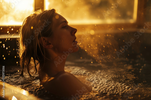 Nordic blonde young woman reclining in a steam-filled sauna