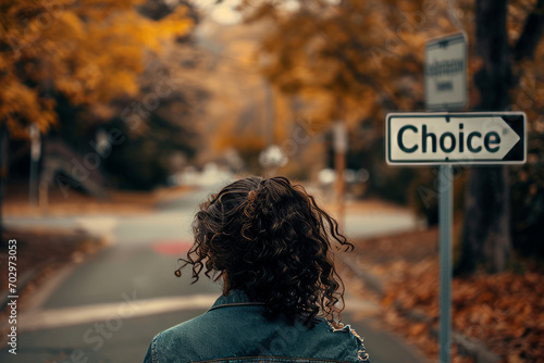Choice concept image with back of a woman in front of a crossroad with a sign with written Choice word