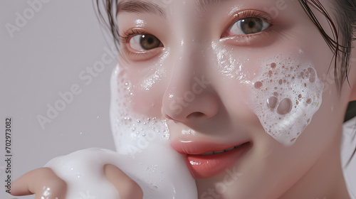 Beautiful Korean woman with a dollop of shampoo foam on her head photo