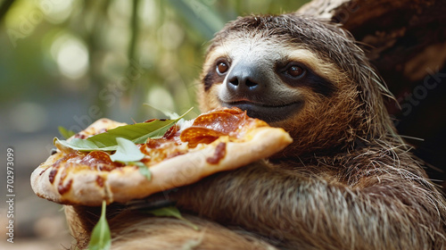 cute handsome sloth eating pizza. photo