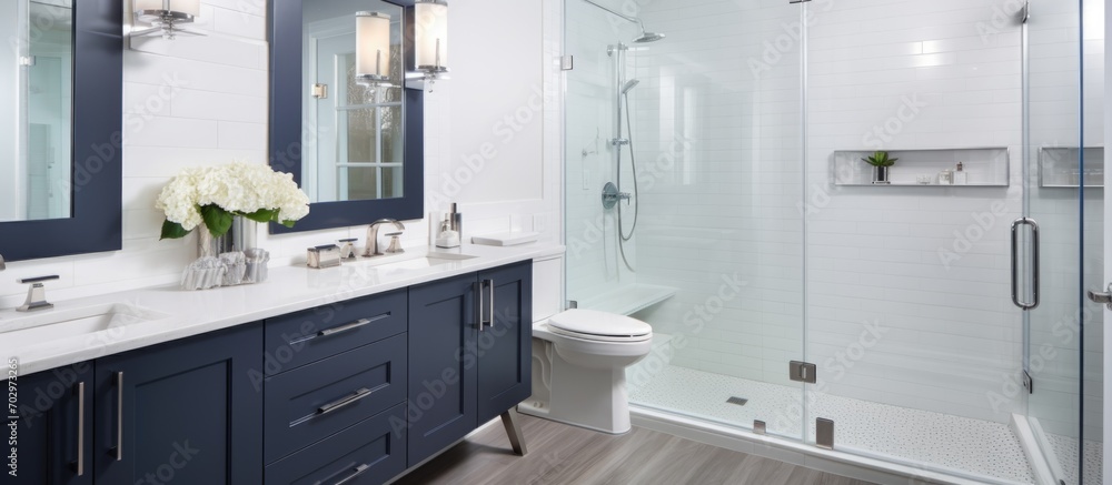 Contemporary white bathroom renovation with navy blue double vanity, stylish mirrors, and glass door shower. Contemporary white bathroom renovation with navy blue double vanity, stylish mirrors, and glass door shower.