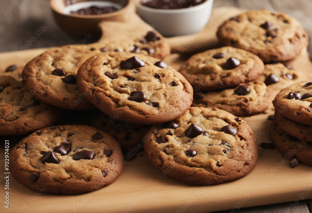 Delicious chocolate chip cookies on a rustic plate Delicious chocolate chip cookies on a rustic plate
