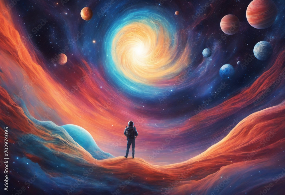 Vibrant space backdrop with figure among planets, galaxies, and celestial bodies in the cosmos.