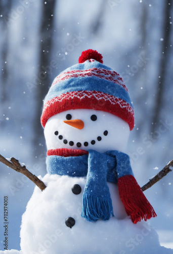 Adorable Snowman in Blue Knit Hat and Scarf in Winter Forest with Space for Text © SR07XC3