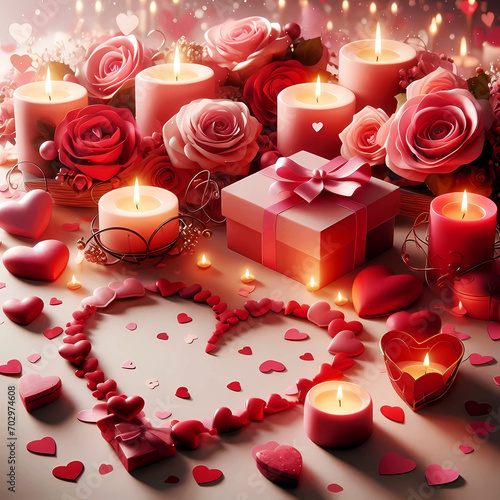 Valentines' day romantic background with roses, candles and heart shape love signs colorful. Generative AI. © Md Khairul
