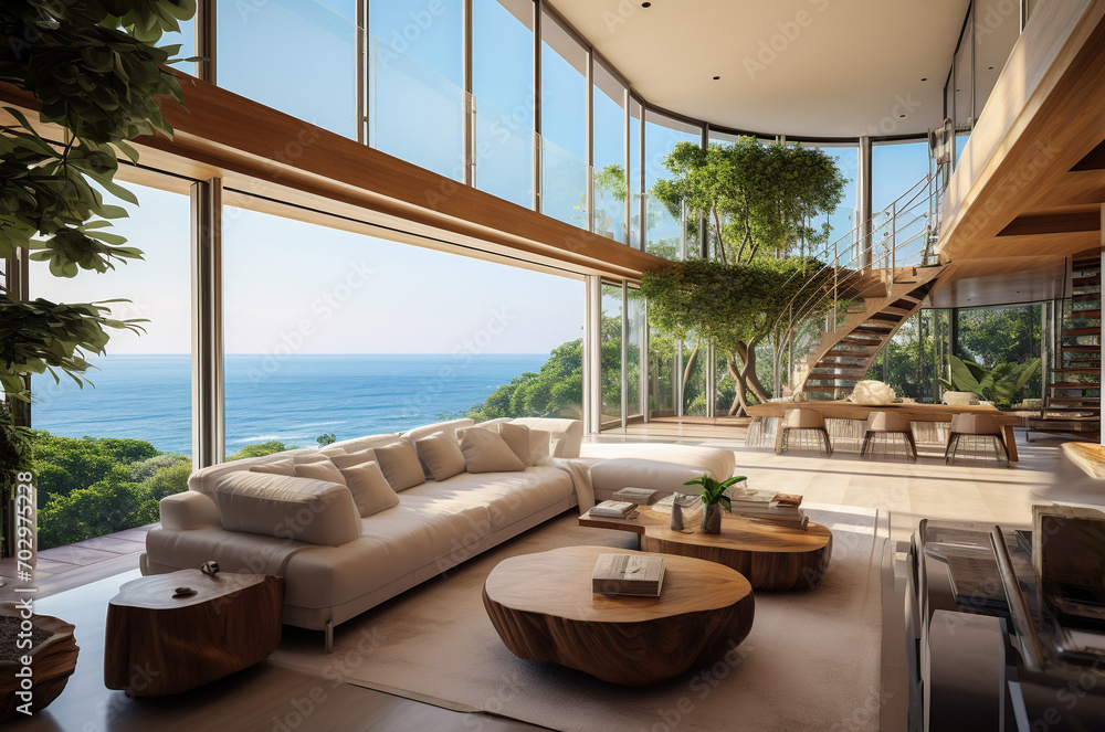 Obraz premium Luxury villa with terrace and floor to ceiling panoramic window with amazing sea view. Interior design of modern living room, Generative AI