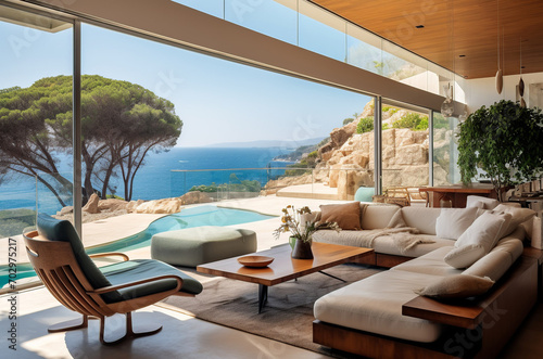 Luxury villa with terrace and floor to ceiling panoramic window with amazing sea view. Interior design of modern living room, Generative AI © Eduardo