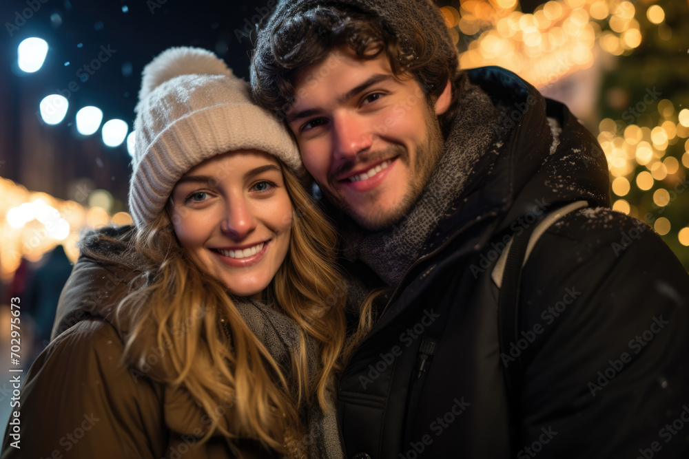 A cheerful couple, warmly dressed, enjoys hot drinks and laughter at a Christmas market, surrounded by falling snowflakes. A cheerful couple, warmly dressed, enjoys hot drinks and laughter at a Christmas market, surrounded by falling snowflakes.