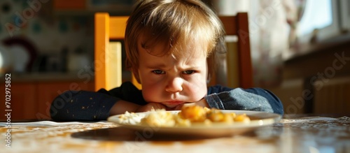 Stubborn child  rejects food  pushes dish.