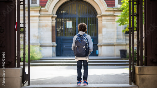 Schoolboy eagerly dashes towards the school, his backpack bouncing in stride.