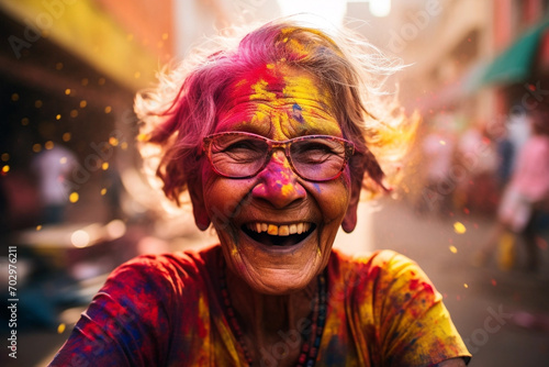 Portrait of old woman in colorful powder on indian street, Holi festival