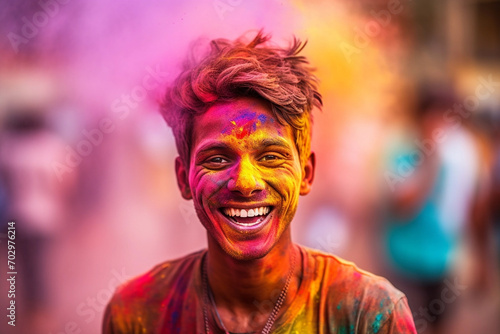 Portrait of young man in colorful powder on indian street, Holi festival © Irina Bort