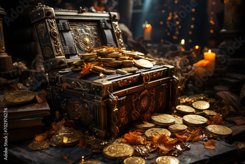 Open metall treasure chest with golden coins