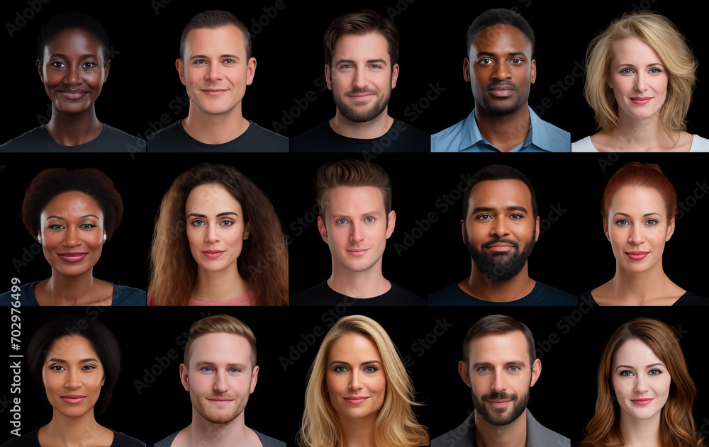 Global People diversity Collage Portraits, Each person close up shot isolated in gray background, portraits of multicultural people, Collage Showcasing the Many Faces and Stories of Males and Females
