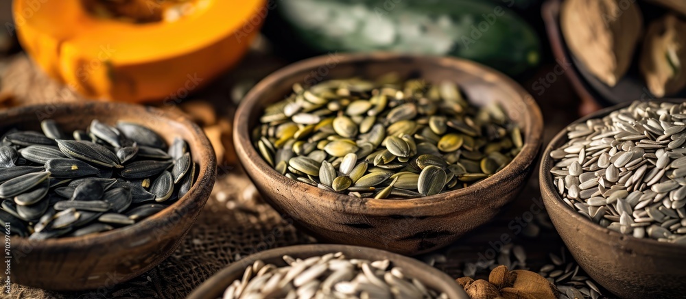 Various seeds from India, like sunflower, pumpkin, melon, and cucumber, packed with nutrients when deshelled, are beneficial for health. - obrazy, fototapety, plakaty 