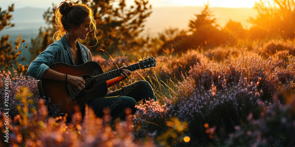 Frau mit Gitarre im Lavendelfeld