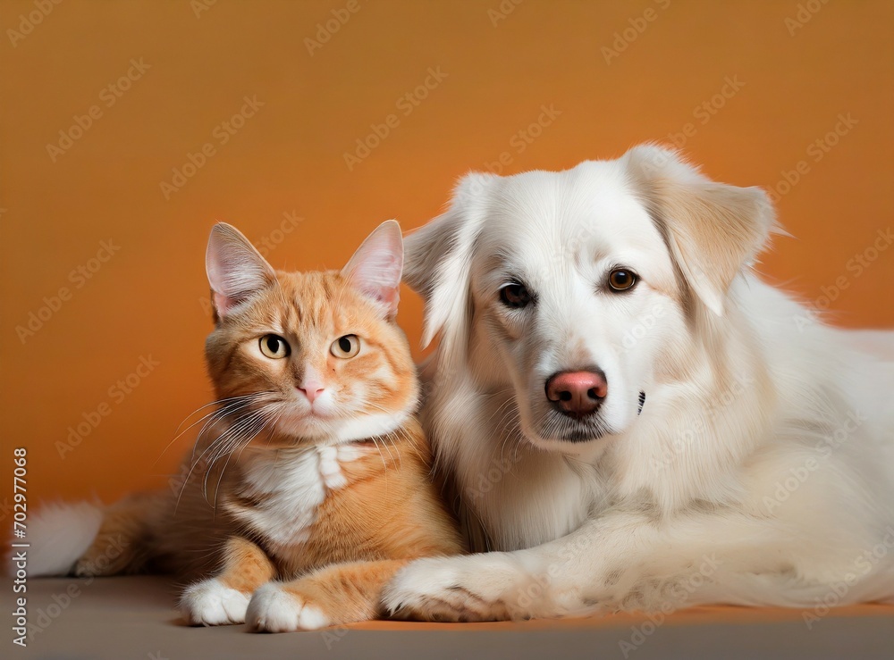 White dog and orange cat isolated on background. Vet/Pet shop concept.