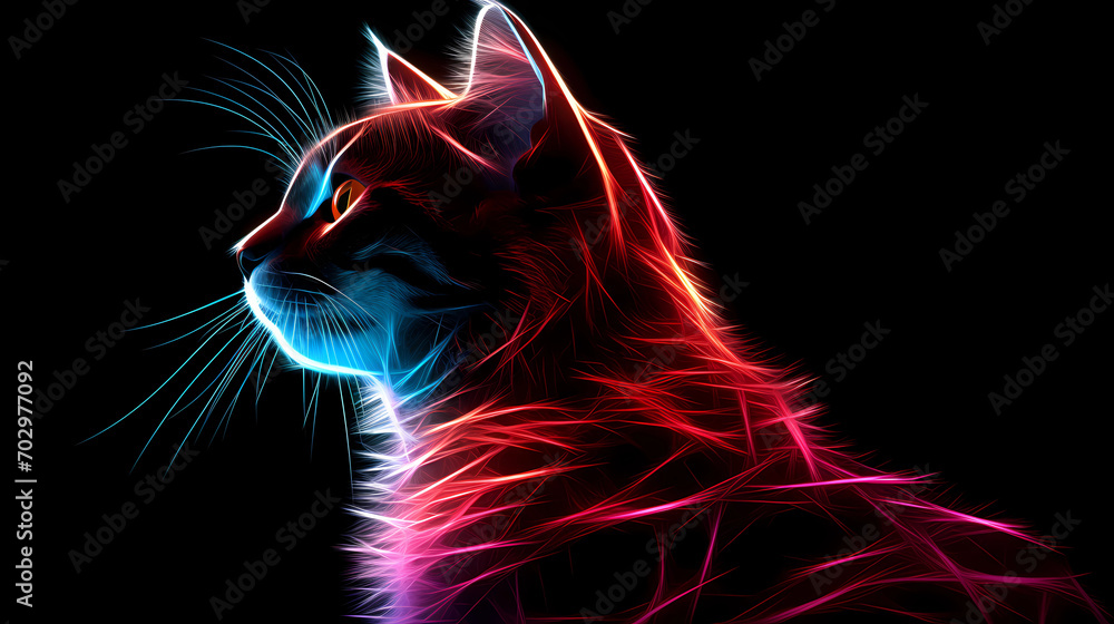 Cat Animal Plexus Neon Black Background Digital Desktop Wallpaper HD 4k ...