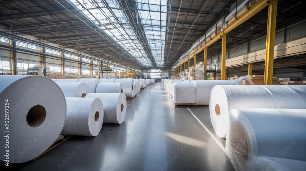 Giant Rolls of Newly Manufactured Paper in a Warehouse Setting Giant Rolls of Newly Manufactured Paper in a Warehouse Setting