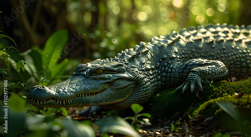 Serene Alligator Basking in Forest Sunlight © HNXS Digital Art