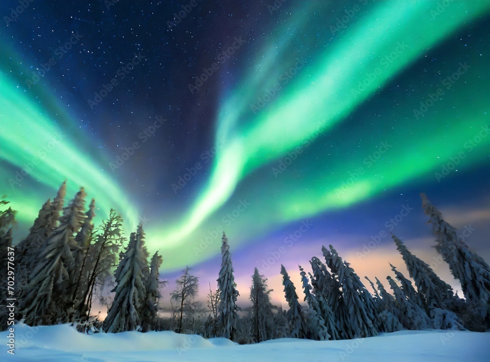 Colorful northern lights in the forest. Aurora Borealis. Beautiful winter night landscape.