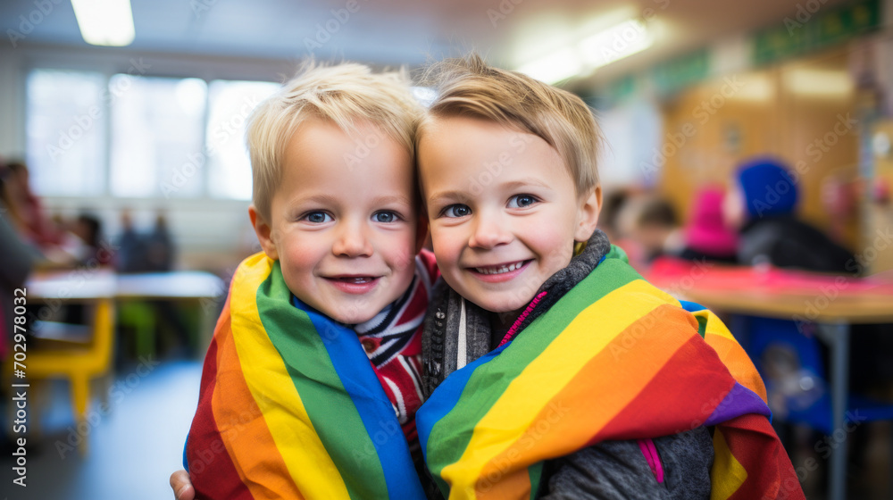 Two little boys wrapped in the rainbow flag of gays and lbgt to advocate tolerance and inclusion at school