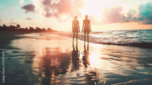 Harmony in Hues: Couple's Silhouette with Beach Vacation Double Exposure. Generative AI