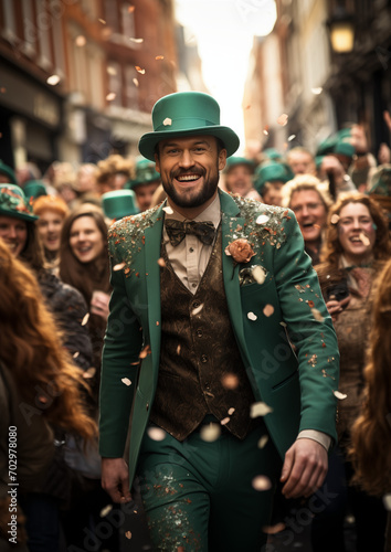 traditional Irish carnival in honor of St. Patrick's Day, people in green suits and hats on the street of Dublin